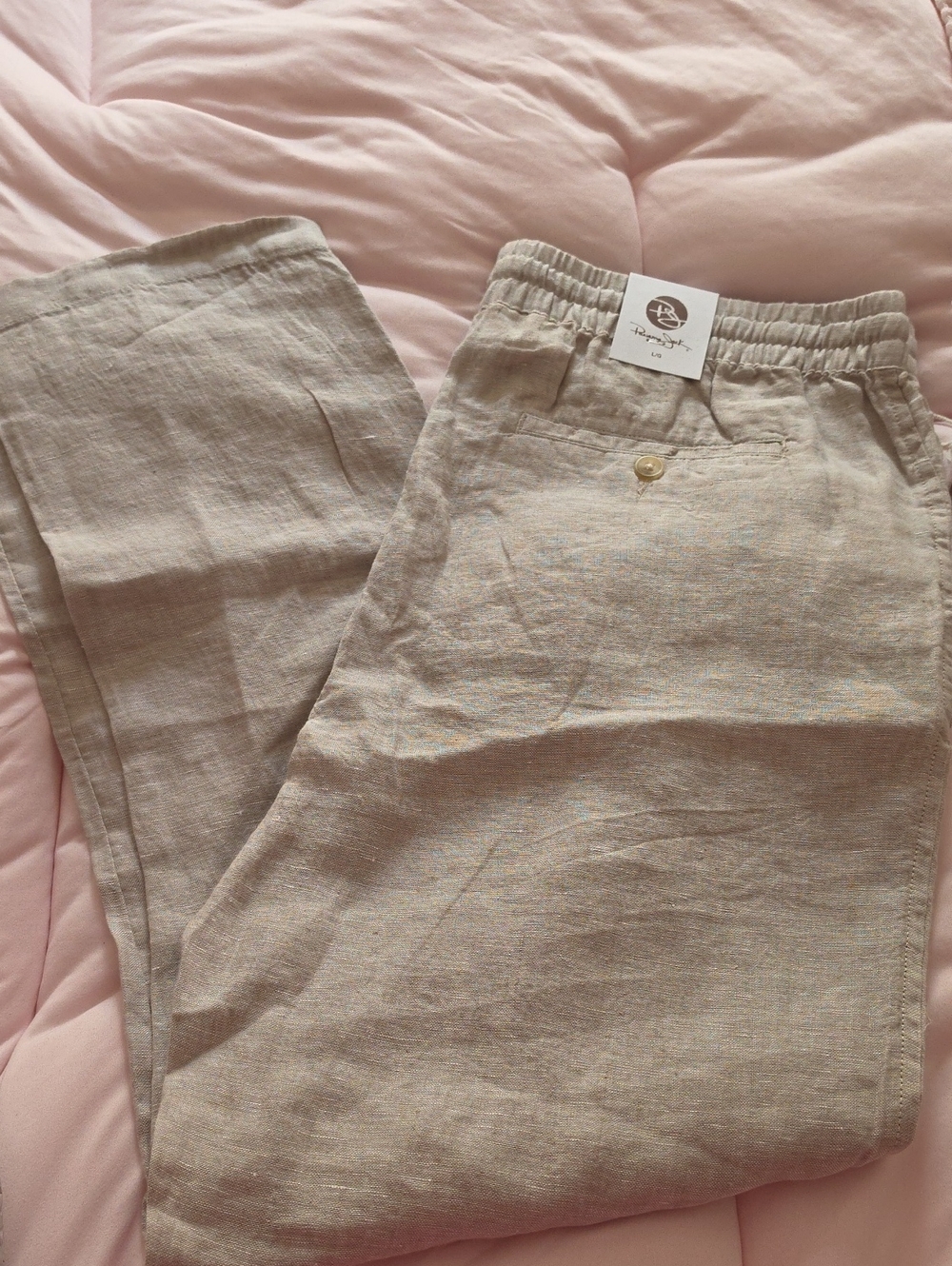 Womens Beige Linen Blend Elastic Waist Pants
